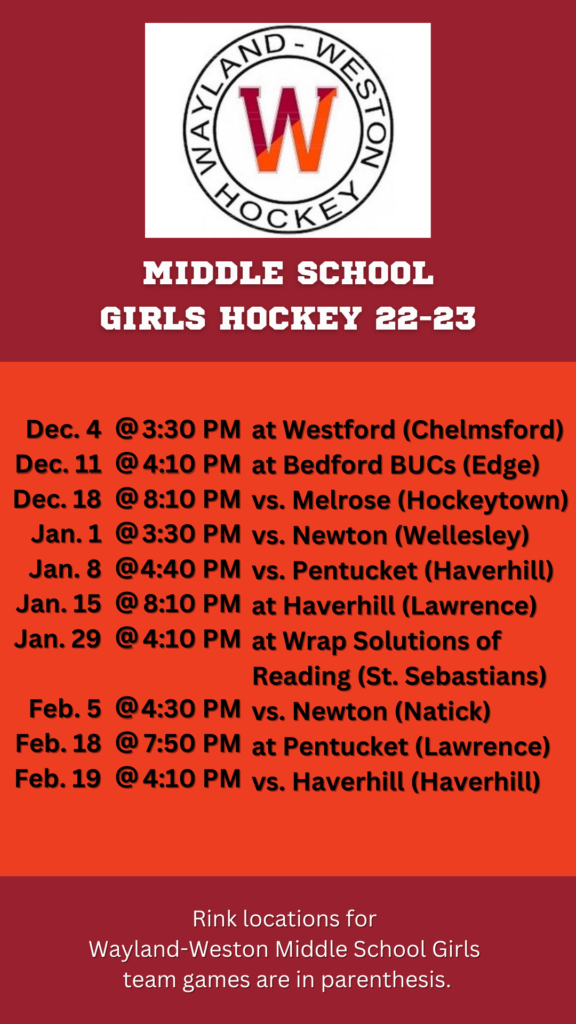 Wayland-Weston Middle School Girls Team Schedule 22-23